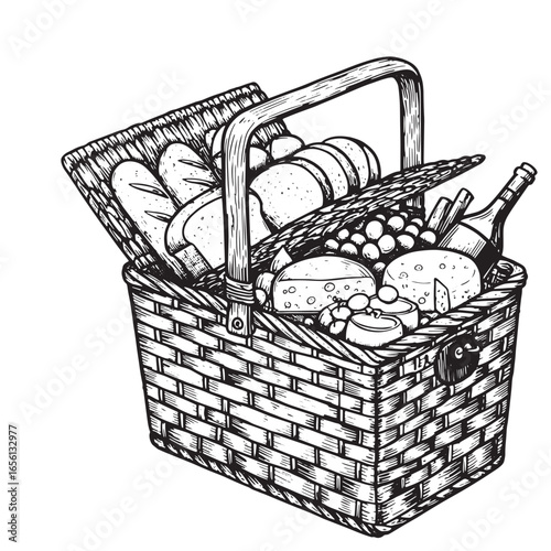Detailed hand drawn illustration of a picnic basket filled with food and wine