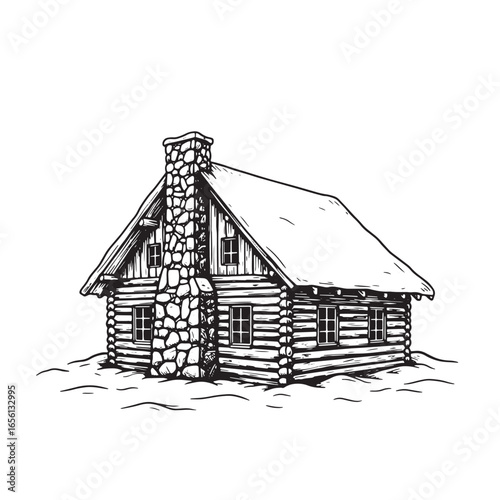 Detailed hand drawn illustration of a rustic log cabin with a stone chimney