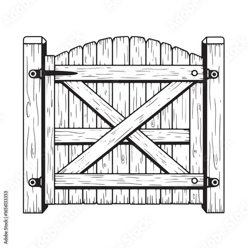 Detailed monochrome illustration of a wooden farm gate with decorative cross bracing and hinges