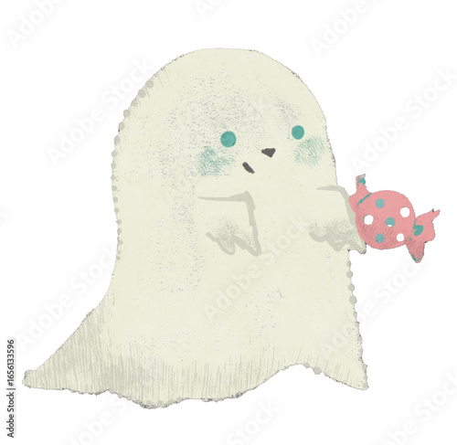 かわいいハロウィンイラスト　キャンディを持つおばけ
