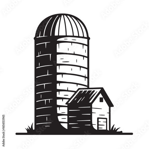 Farmyard silo and farmhouse illustration simple monochrome vector design for rural concepts