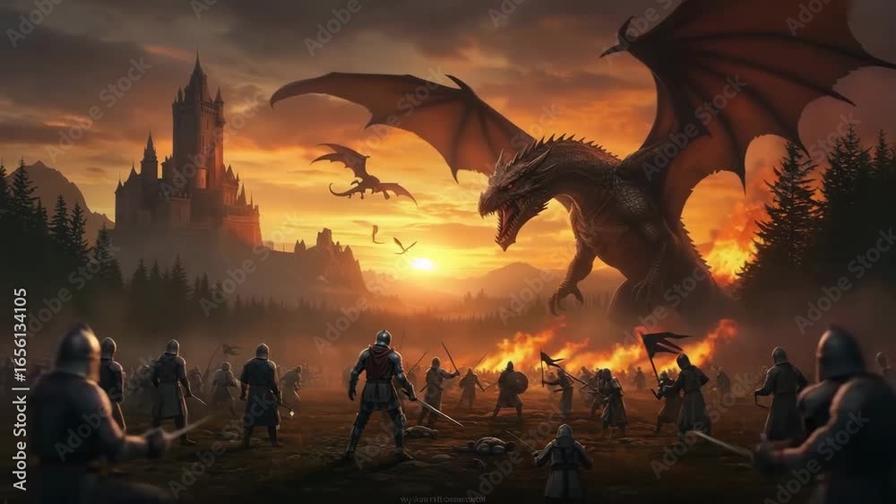 Medieval knights fighting dragon in battlefield at sunset with castle ...