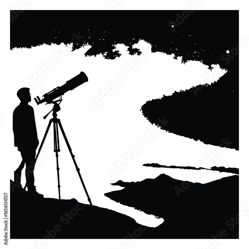Stargazer on a mountain ridge with telescope