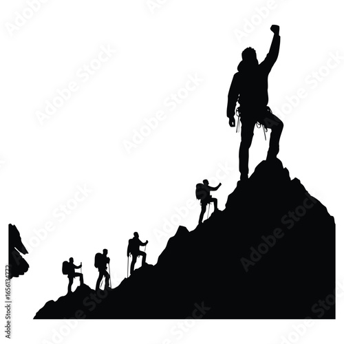 Silhouette of climbers reaching mountain summit