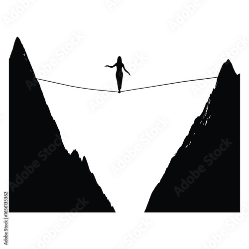 Silhouette of a person tightrope walking between two mountains