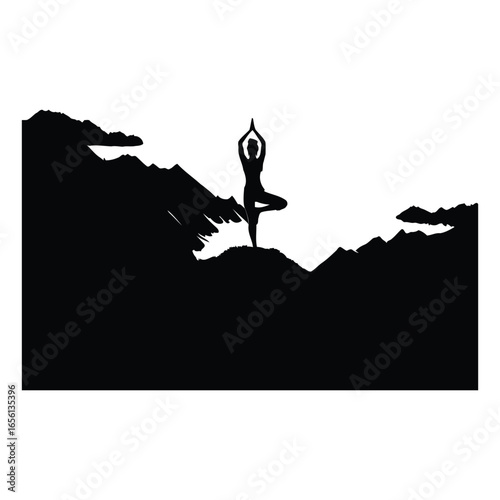 Silhouette of a person in tree pose on a mountain peak