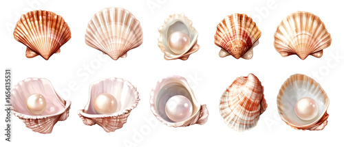 Elegant seashell and pearl collection, showcasing natural beauty and luxurious coastal elements for design