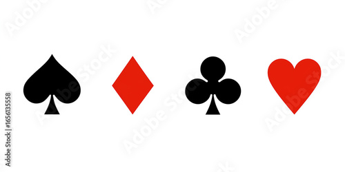 Four playing card suits spade diamond club and heart symbols isolated on white background representing casino gambling and card game concept