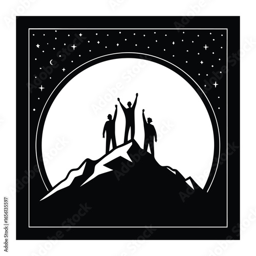 Triumphant climbers silhouetted against a full moon