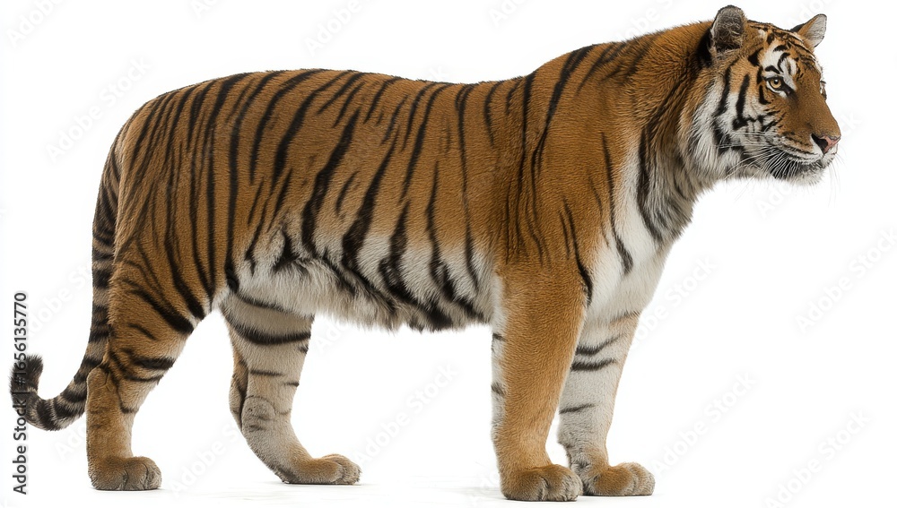 Fototapeta premium The image of a majestic tiger in the Magnificent Tiger Portrait showcases the animal's impressive orange and black striped coat, highlighting its untamed beauty and strength