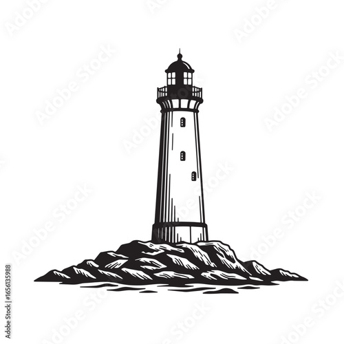 Monochrome illustration of a lighthouse on rocky terrain guiding ships at sea