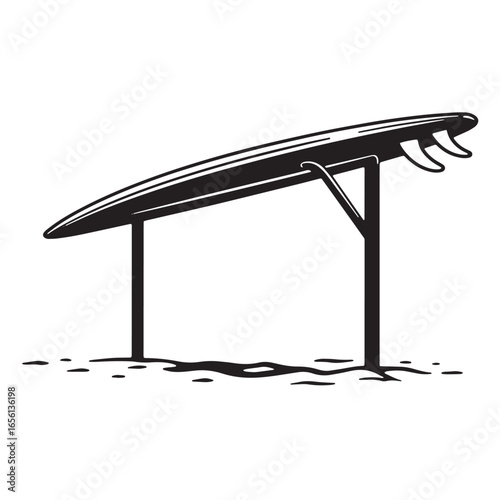 Monochrome surfing longboard resting on surfboard rack illustration in a minimalist style