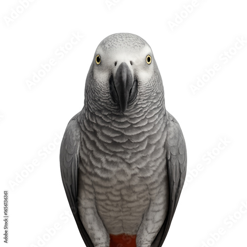 Pappagallo cenerino (Psittacus erithacus), isolato su sfondo trasparente – vista frontale (primo piano)