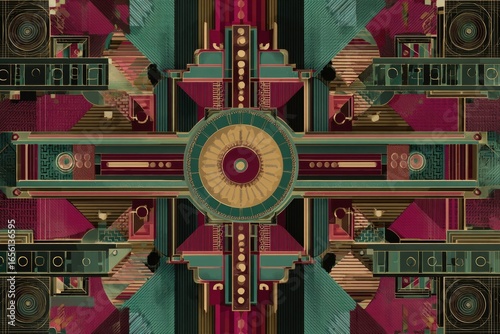 Geometric art deco illustration featuring a symmetrical radial motif with rich red, green and gold tones, ornate circular patterns and retro vintage design