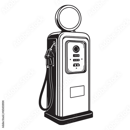Vintage gas pump illustration in black and white depicting retro classic fuel dispenser