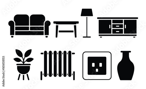 Black silhouette icons of living room furniture and decor on a white background sofa couch