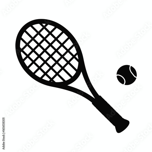 Black silhouette of a tennis racket and ball on a white background sport equipment