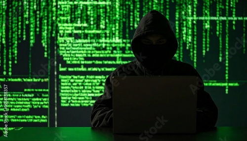 A dark figure in a mask, a criminal thief on the internet, hacks a computer with binary code data, committing the crime of stealing business and personal data
