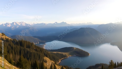 Tranquil mountain landscape with a mirror-like lake under soft morning light.