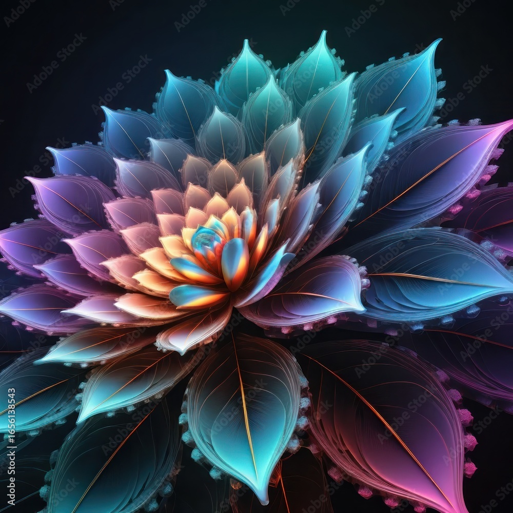 Obraz premium Abstract glowing succulent plant with vibrant neon colors, delicate petals illuminated by soft light on a dark background, digital art, intricate details, botanical fantasy