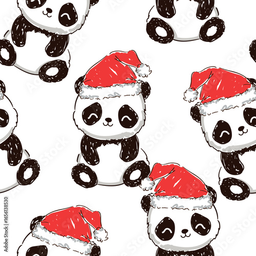 Christmas Panda Bears in Santa Hats Seamless Pattern Hand Drawn Vector