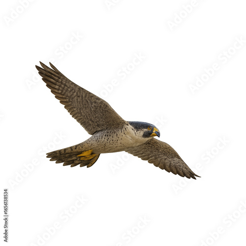 Falco pellegrino in volo (Falco peregrinus) isolato su sfondo trasparente, vista laterale (figura intera)