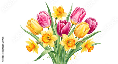 A vibrant spring bouquet illustration featuring colorful pink and yellow tulips and cheerful daffodils isolated on a white background