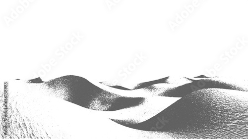 Desert dunes and sand hills in monochrome landscape. Minimal vector illustration with shadow, grainy texture, and abstract surface forms.