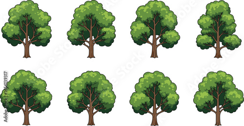 Collection of eight cartoon green trees with dense foliage and sturdy trunks, perfect for nature illustrations, forest scenes, landscape designs, and eco-themed projects.