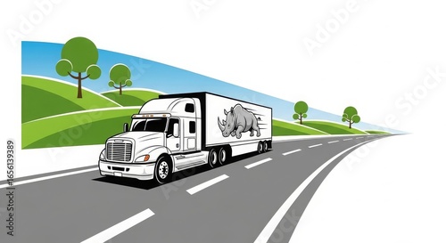 White Truck with Rhinoceros on Trailer on Road.
