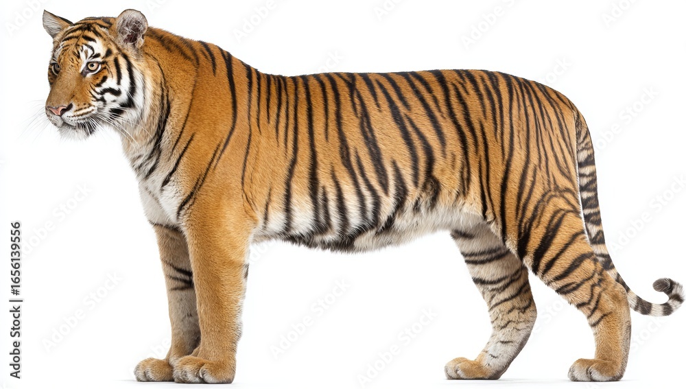 Obraz premium In the Magnificent Tiger Portrait, a proud tiger is seen standing majestically, its striking coat of orange and black stripes a testament to the awe-inspiring power and beauty of the untamed