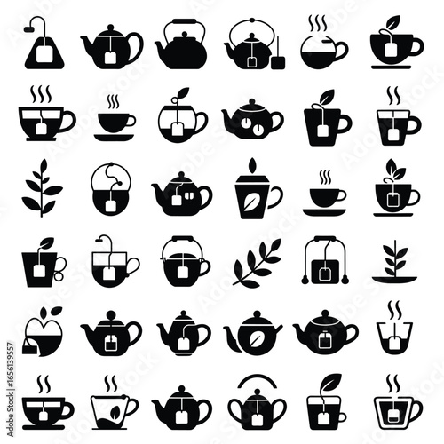 Collection of Black and White Tea Icons and Illustrations teapot teacup
