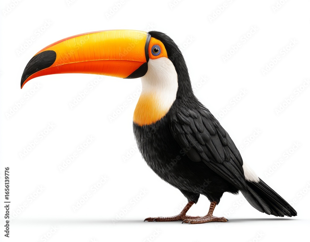 Obraz premium A vibrant Toco Toucan is showcased in a side profile, highlighting its distinctive large orange beak and black plumage set against a clean background