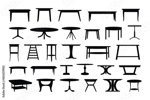 Collection of black silhouette table icons on a white background furniture black and white