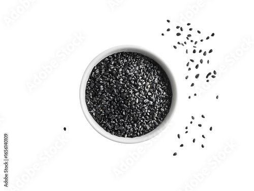 Top view of a white bowl filled with black sesame seeds isolated on transparent background