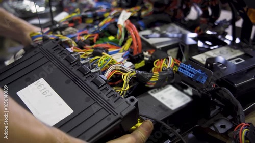 Technician works with automotive electronics, checking wires and ECU modules. Scene of servicing, diagnostics and restoration of vehicle electronic systems