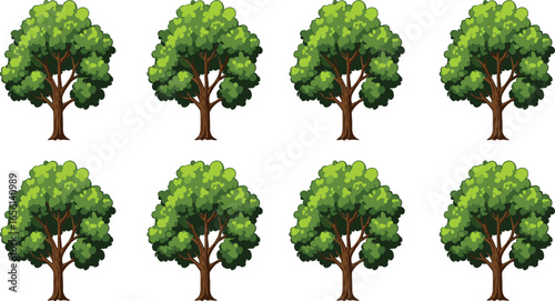 Set of eight cartoon green trees with lush foliage and brown trunks, ideal for eco-friendly designs, nature scenes, landscapes, and outdoor illustrations.