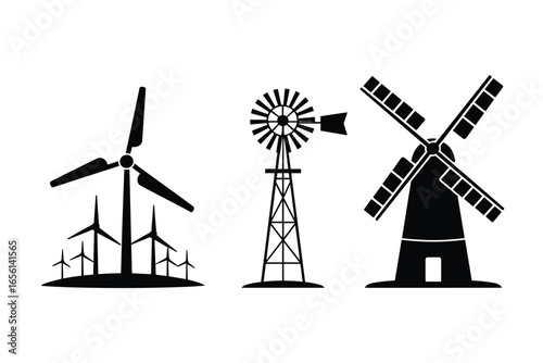 Three black silhouette windmills on a white background including a modern wind turbine farm and traditional windmills