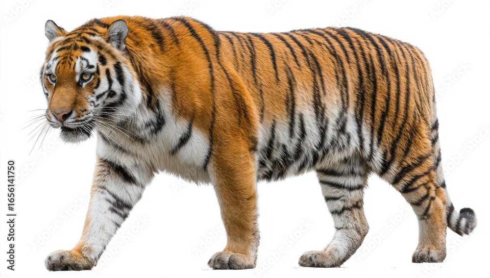 Fototapeta premium A powerful tiger embodies strength, grace, and the untamed spirit of the wild as it strides purposefully, majestic in its movements