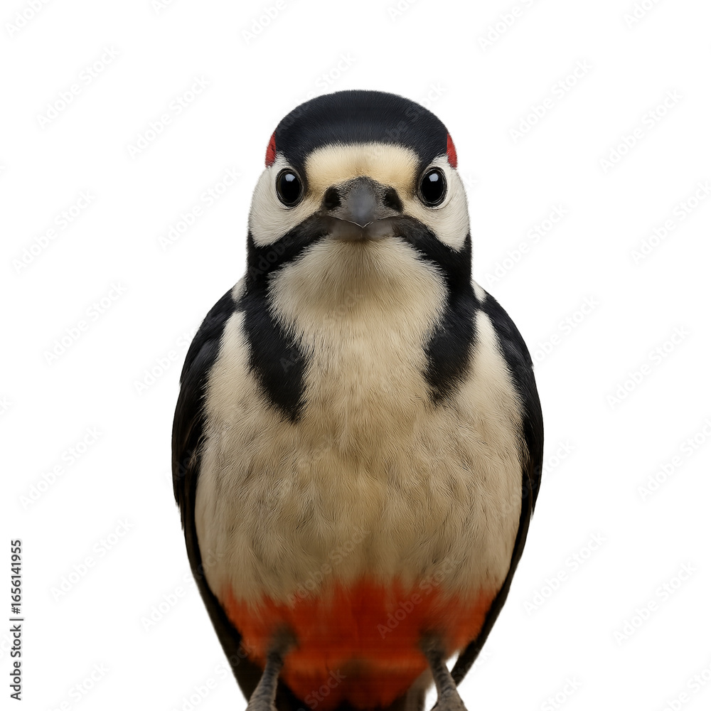 Naklejka premium Picchio rosso maggiore (Dendrocopos major) , isolato su sfondo trasparente, primo piano frontale