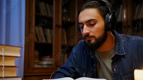 man with big headphones reading book in cozy room – seamless loop
