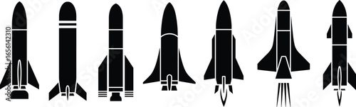 Seven distinct black rocket silhouettes with unique shapes, fins, and nose cone designs, arranged in a row, ideal for space exploration and aerospace engineering themes