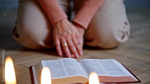 kneeling woman praying in front of book on floor – seamless loop
