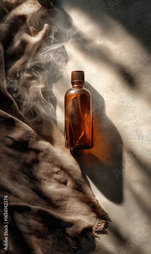 Amber bottle of essence rests atop a muted linen cloth, shrouded in wisps of smoke, bathed in sunlight's shadows