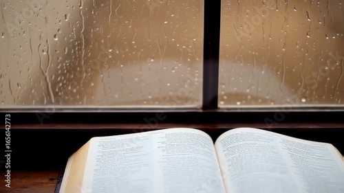 book on windowsill with raindrops on glass – seamless loop
