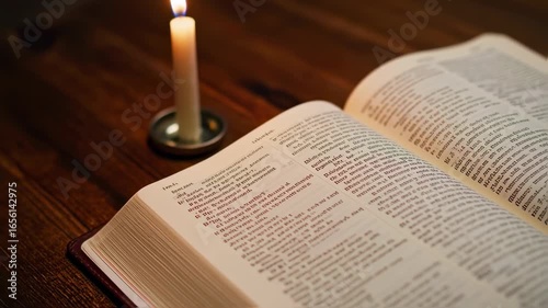 book and candle on wooden table in dim room – seamless loop
