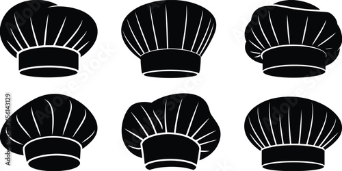 Six distinct black and white chef hat silhouettes with varying shapes and pleats, arranged in two rows, ideal for culinary, cooking, and restaurant branding themes
