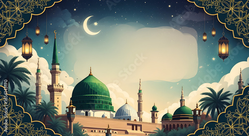Milad un Nabi Maulid or Mawlid al Nabi islamic background banner with Madina mosque crescent stars festival