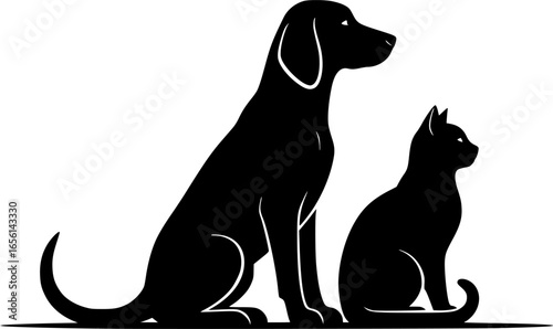 a silhouette of a dog and a cat, the dog is sitting tall with floppy ears and a long tail, the cat is sitting with its tail curled, simple, clean lines

