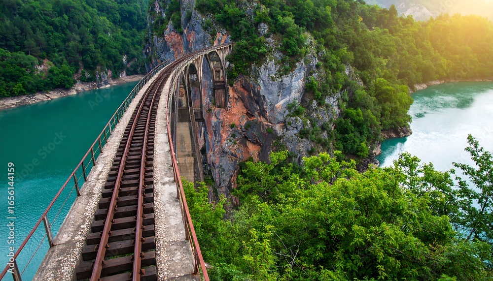 Fototapeta premium A winding railway bridge stretches across a turquoise lake, nestled amongst lush green hills and rugged cliffs.